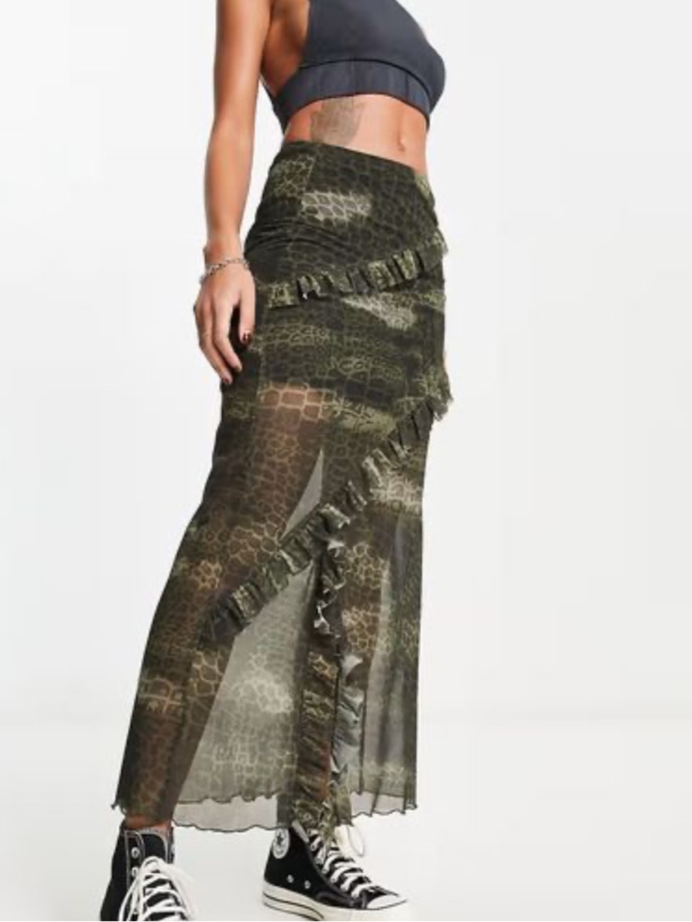 Sheer Reclaimed Vintage Maxi Skirt Animal Print With Ruffles Mesh  Green Size 6